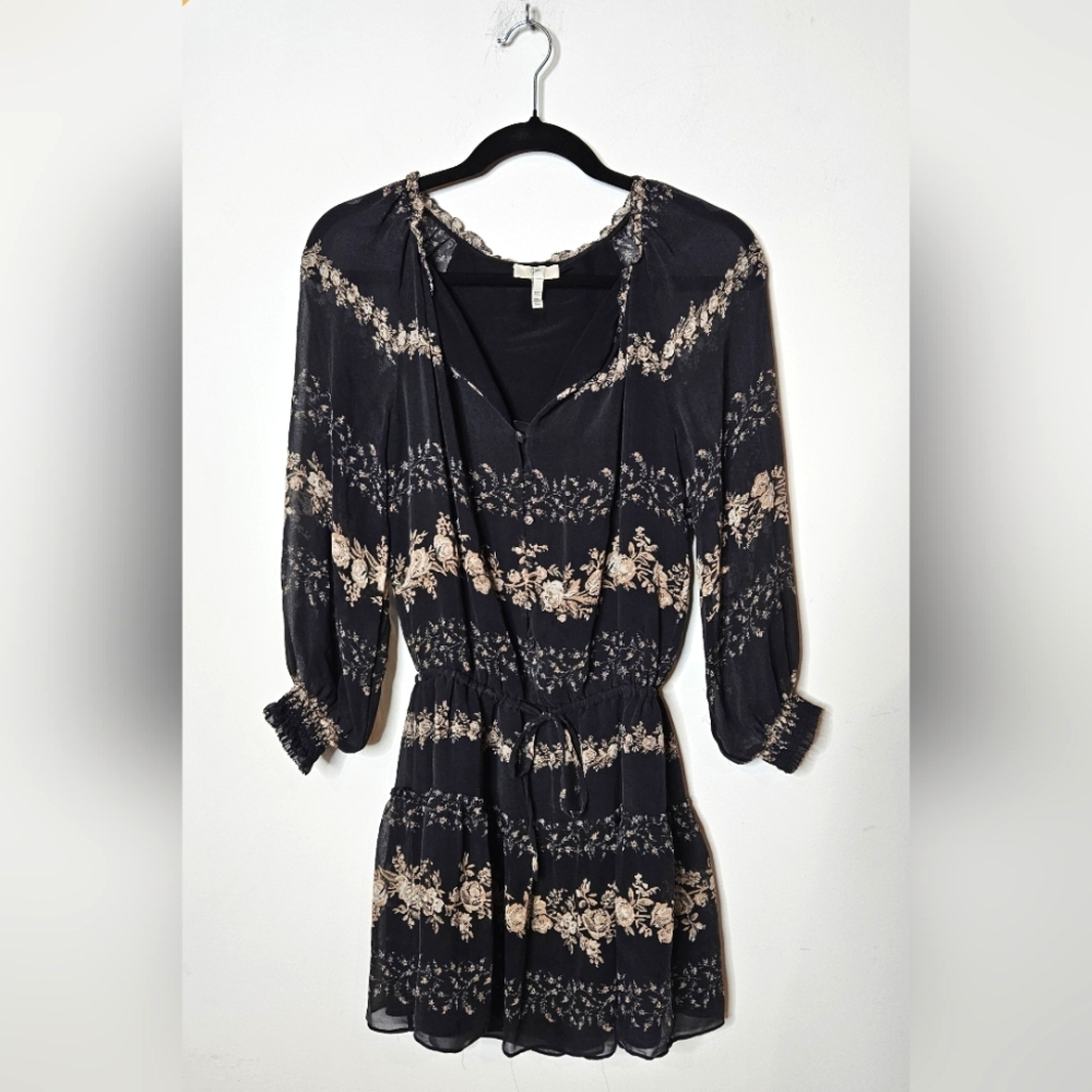 Joie Silk Floral Black Cream Womens XXS Mini Longsleeve Dress‎ Elegant Feminine